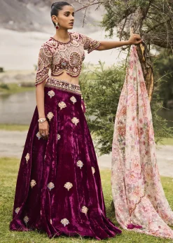 Maroon Embroidered Velvet Lehenga And Blouse With Dupatta