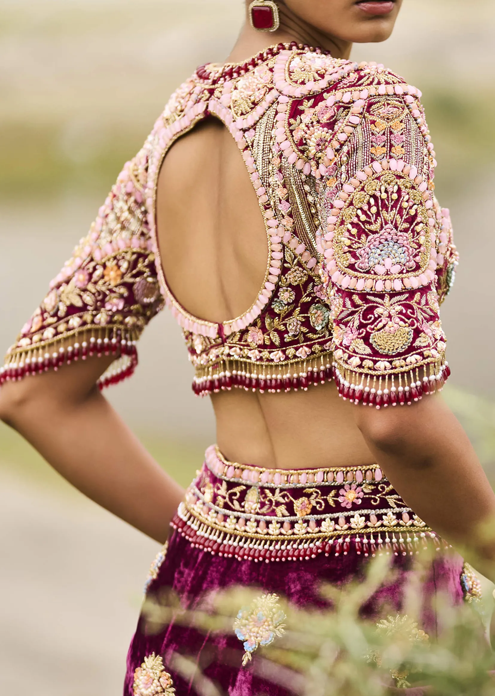 Maroon Embroidered Velvet Lehenga And Blouse With Dupatta