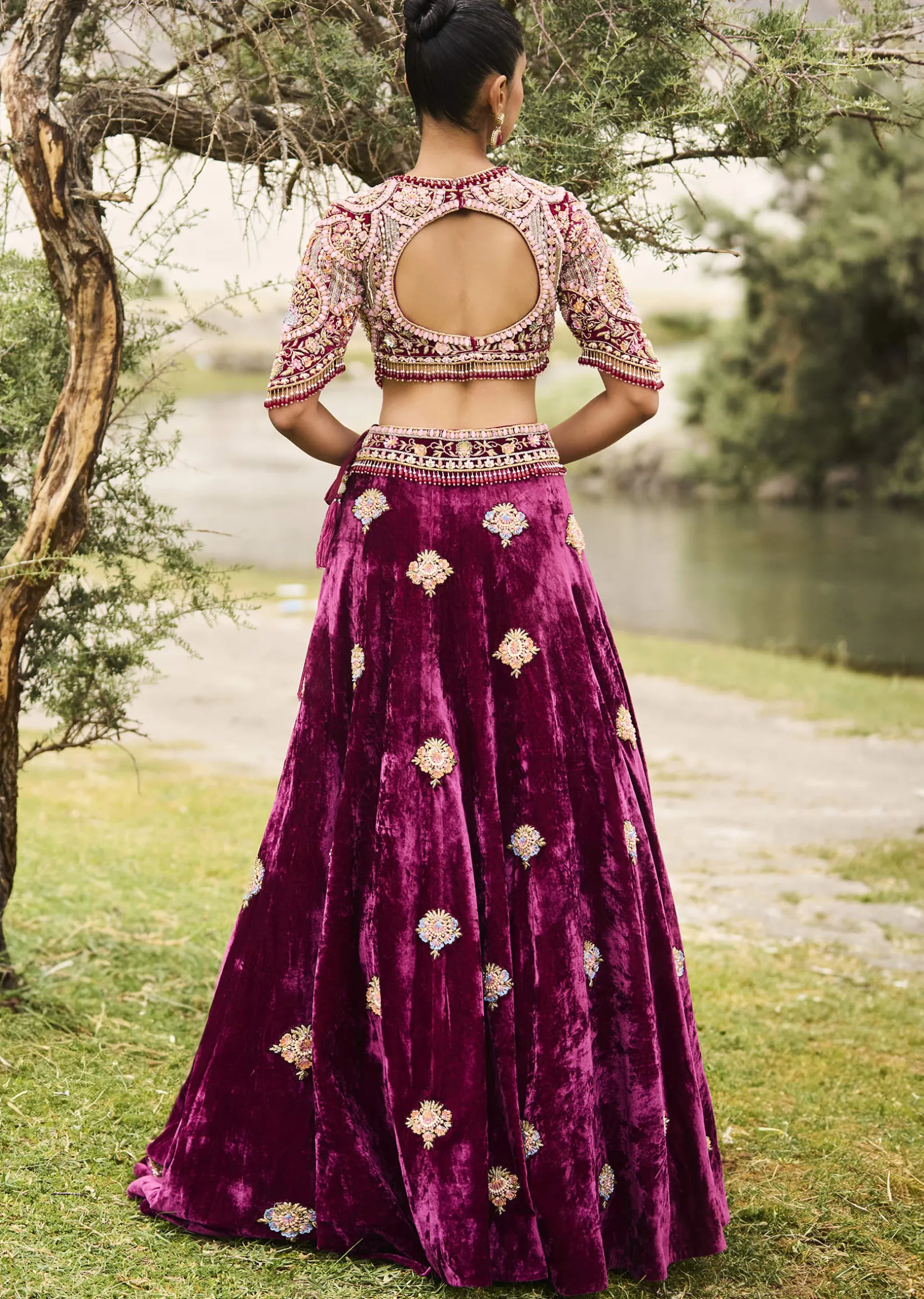 Maroon Embroidered Velvet Lehenga And Blouse With Dupatta