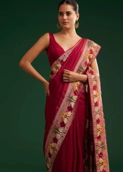 Maroon Georgette Saree With Zari And Multicolour Thread Accents