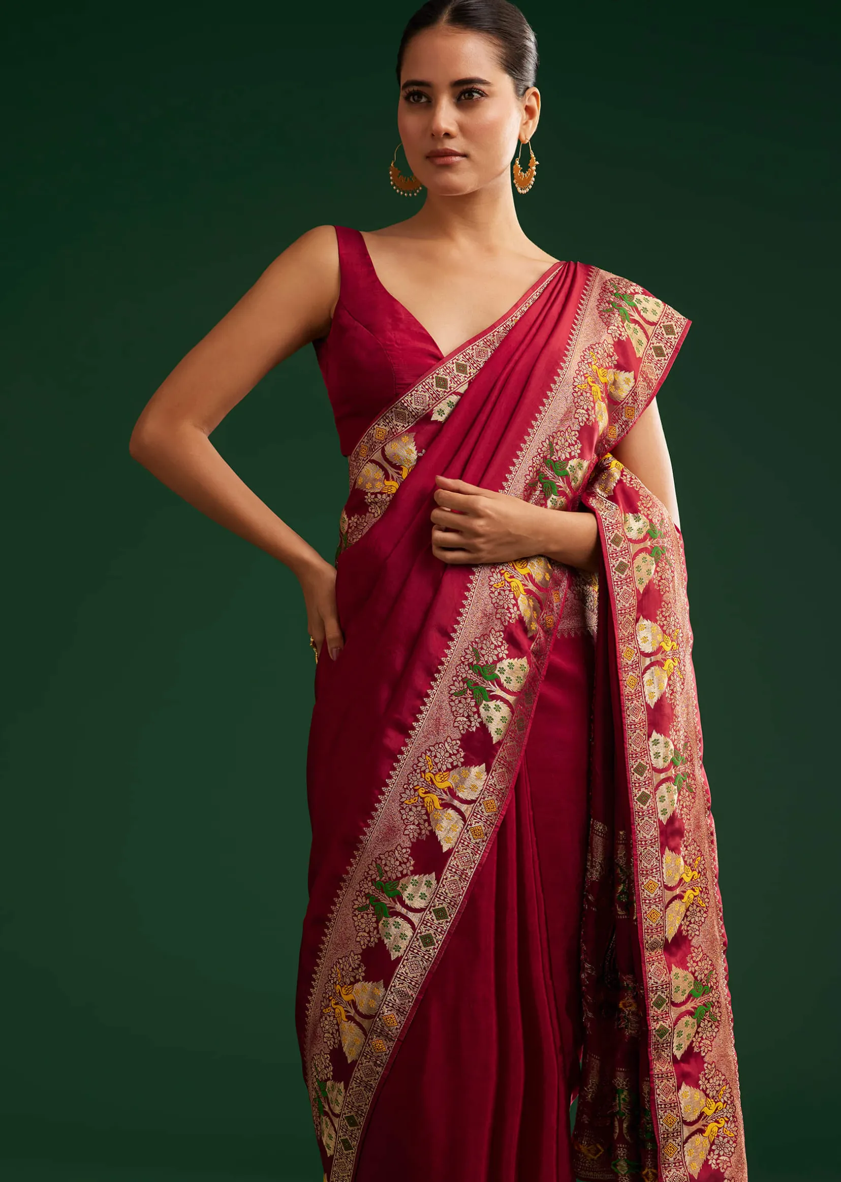 Maroon Georgette Saree With Zari And Multicolour Thread Accents