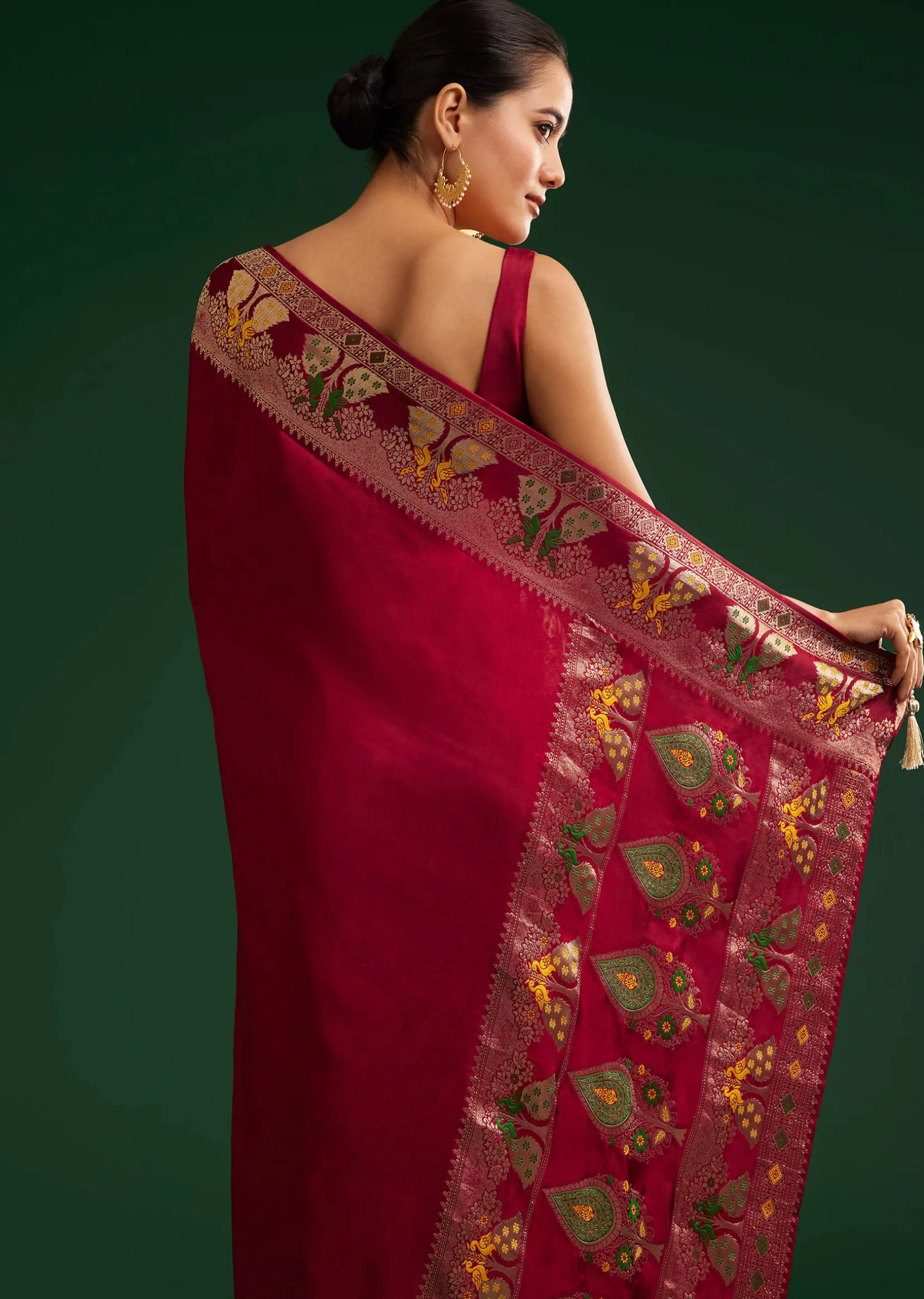 Maroon Georgette Saree With Zari And Multicolour Thread Accents
