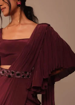 Maroon Indo-western Creep Saree Set With Embroidered Belt