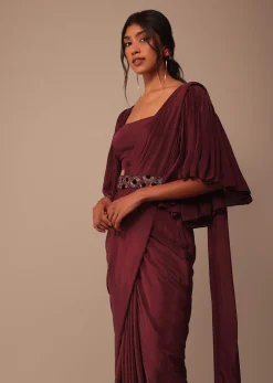 Maroon Indo-western Creep Saree Set With Embroidered Belt