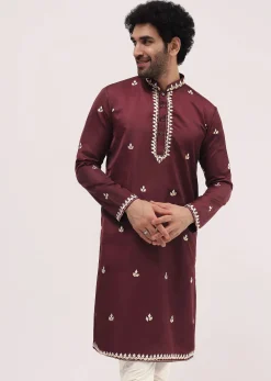 Maroon Kurta Set With Abla Work For Men
