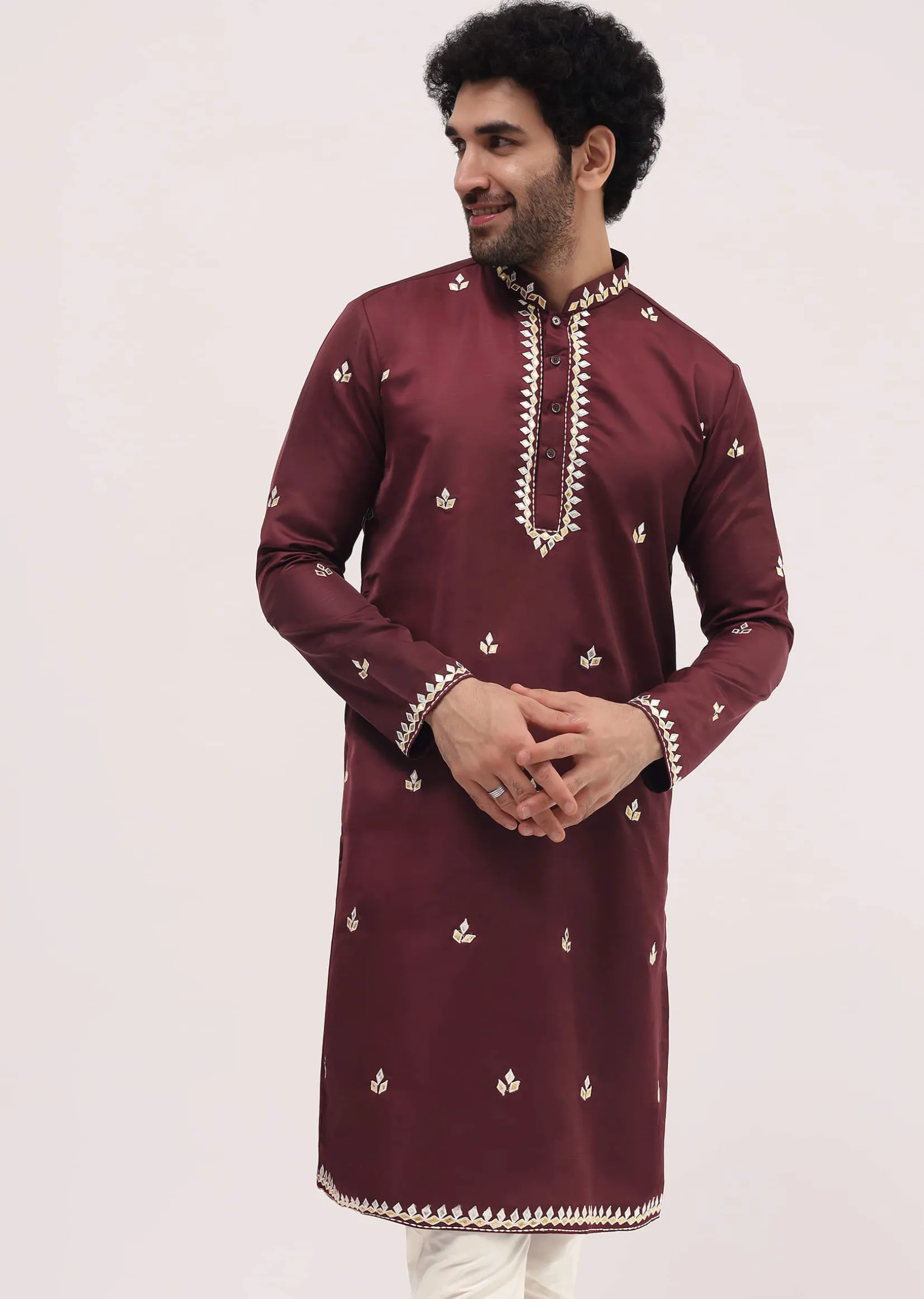 Maroon Kurta Set With Abla Work For Men
