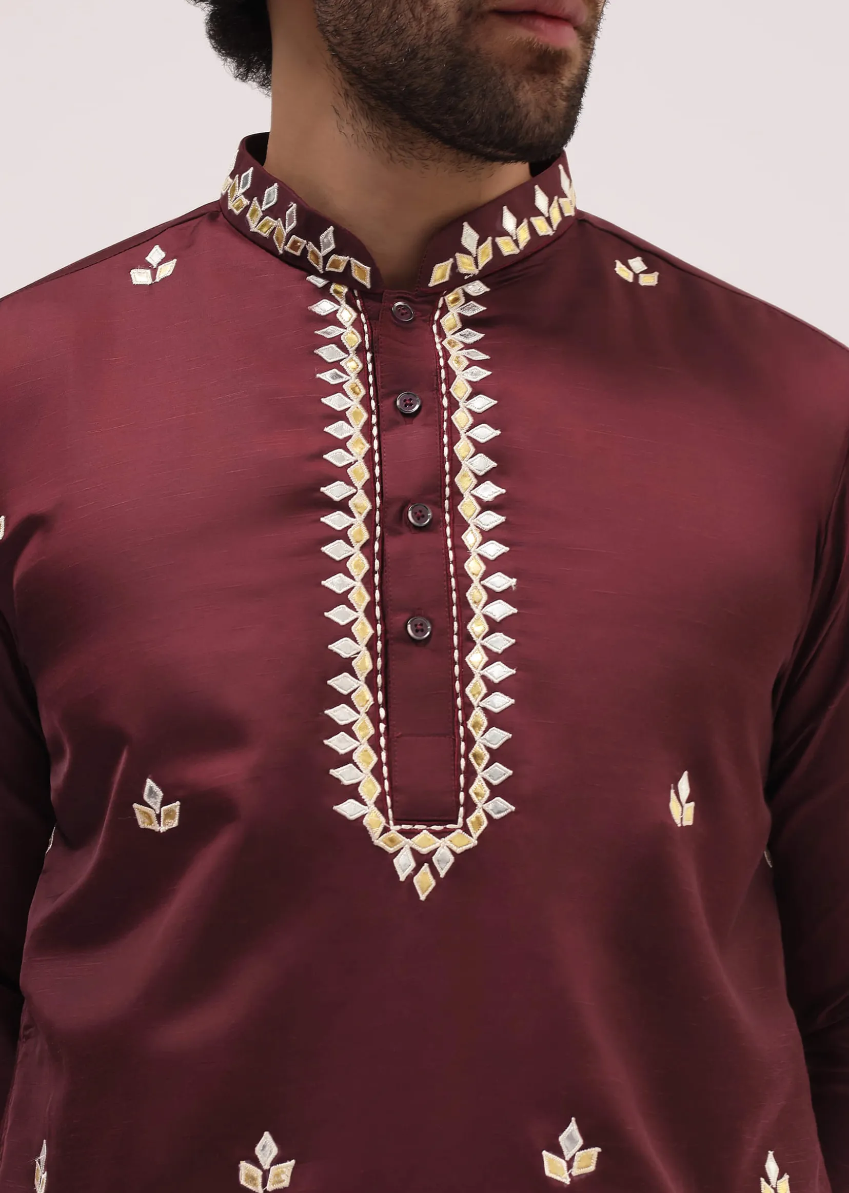 Maroon Kurta Set With Abla Work For Men