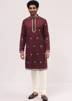 Maroon Kurta Set With Abla Work For Men