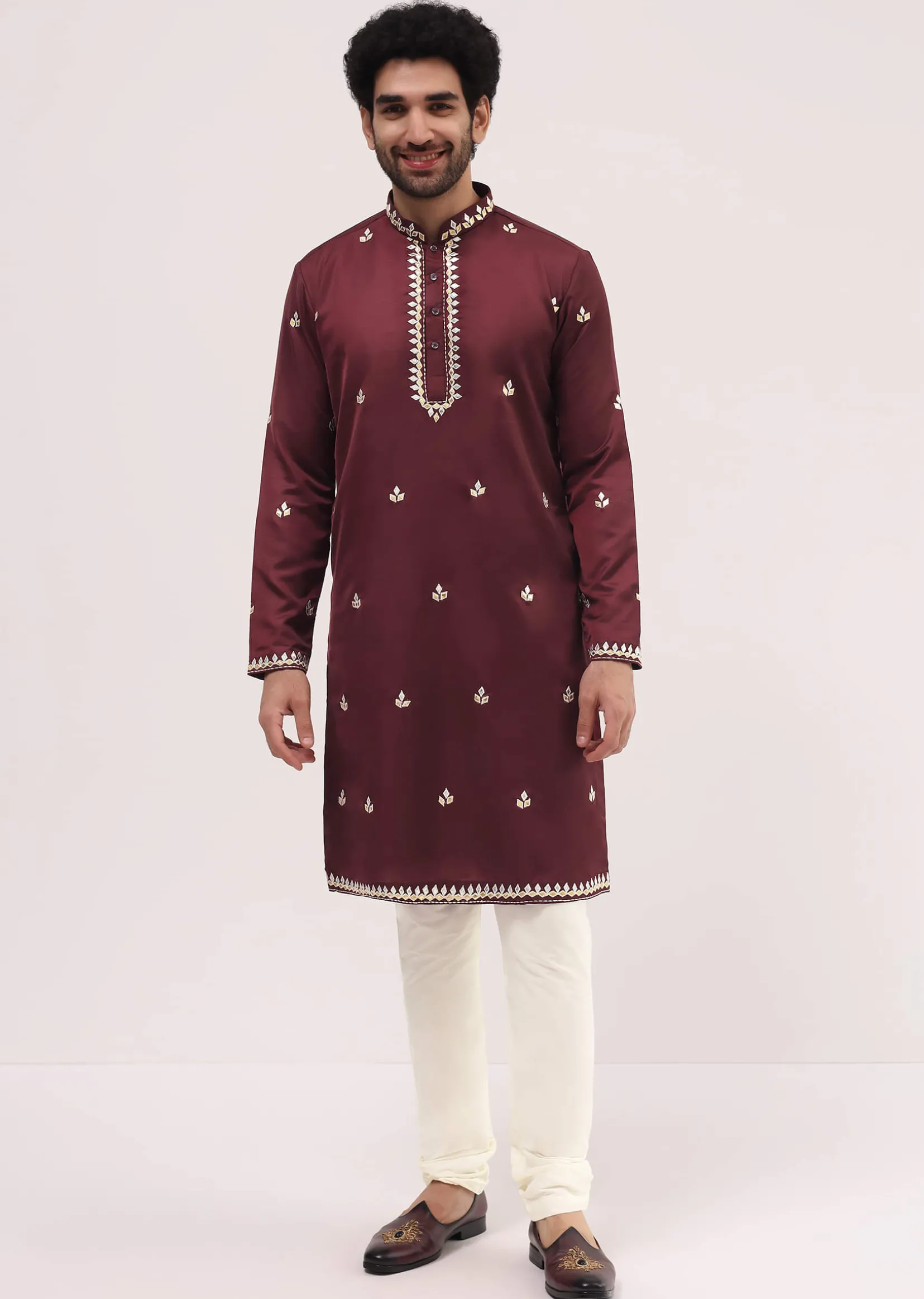 Maroon Kurta Set With Abla Work For Men