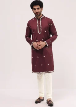 Maroon Kurta Set With Abla Work For Men