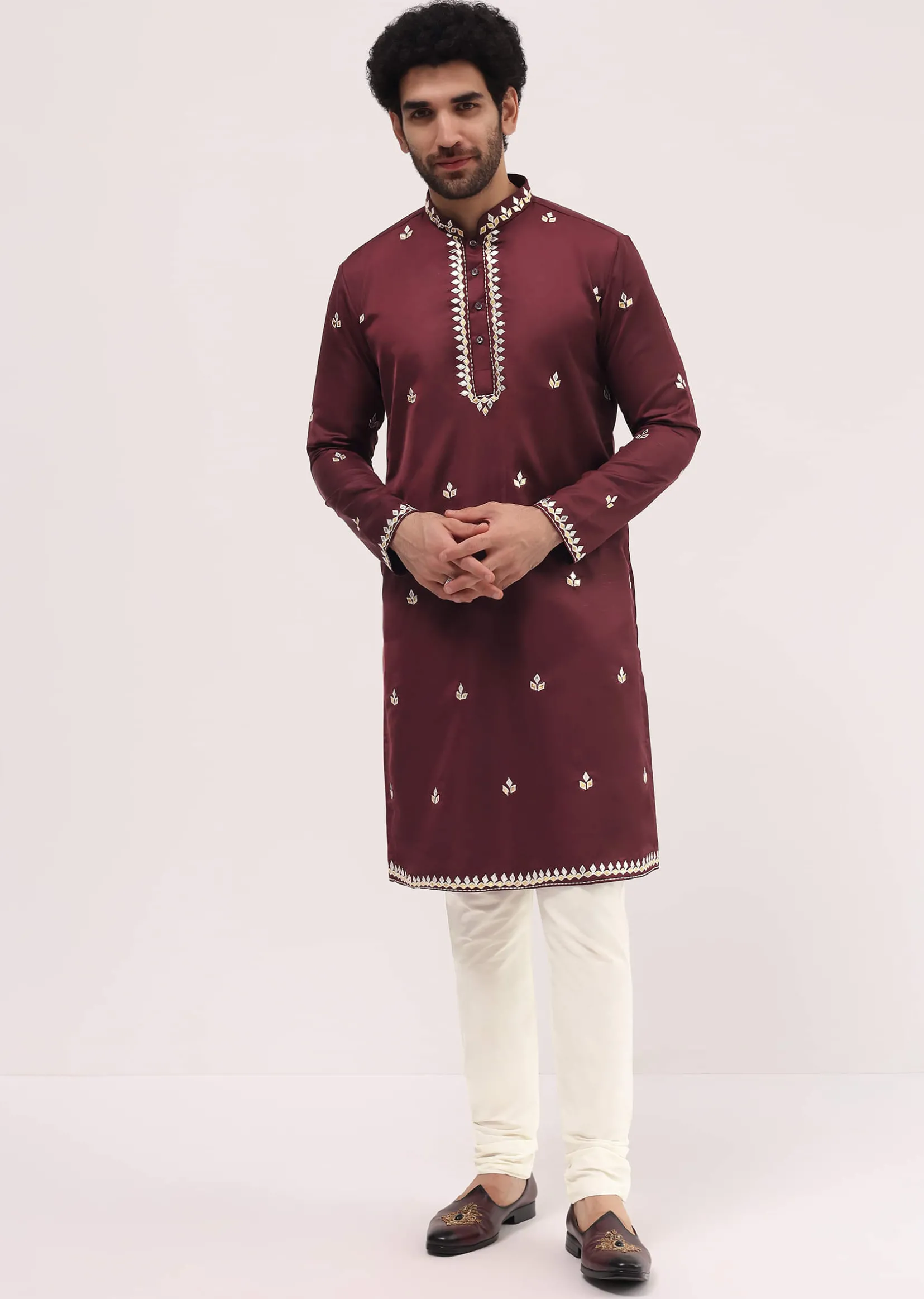 Maroon Kurta Set With Abla Work For Men