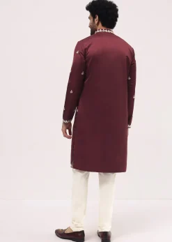 Maroon Kurta Set With Abla Work For Men
