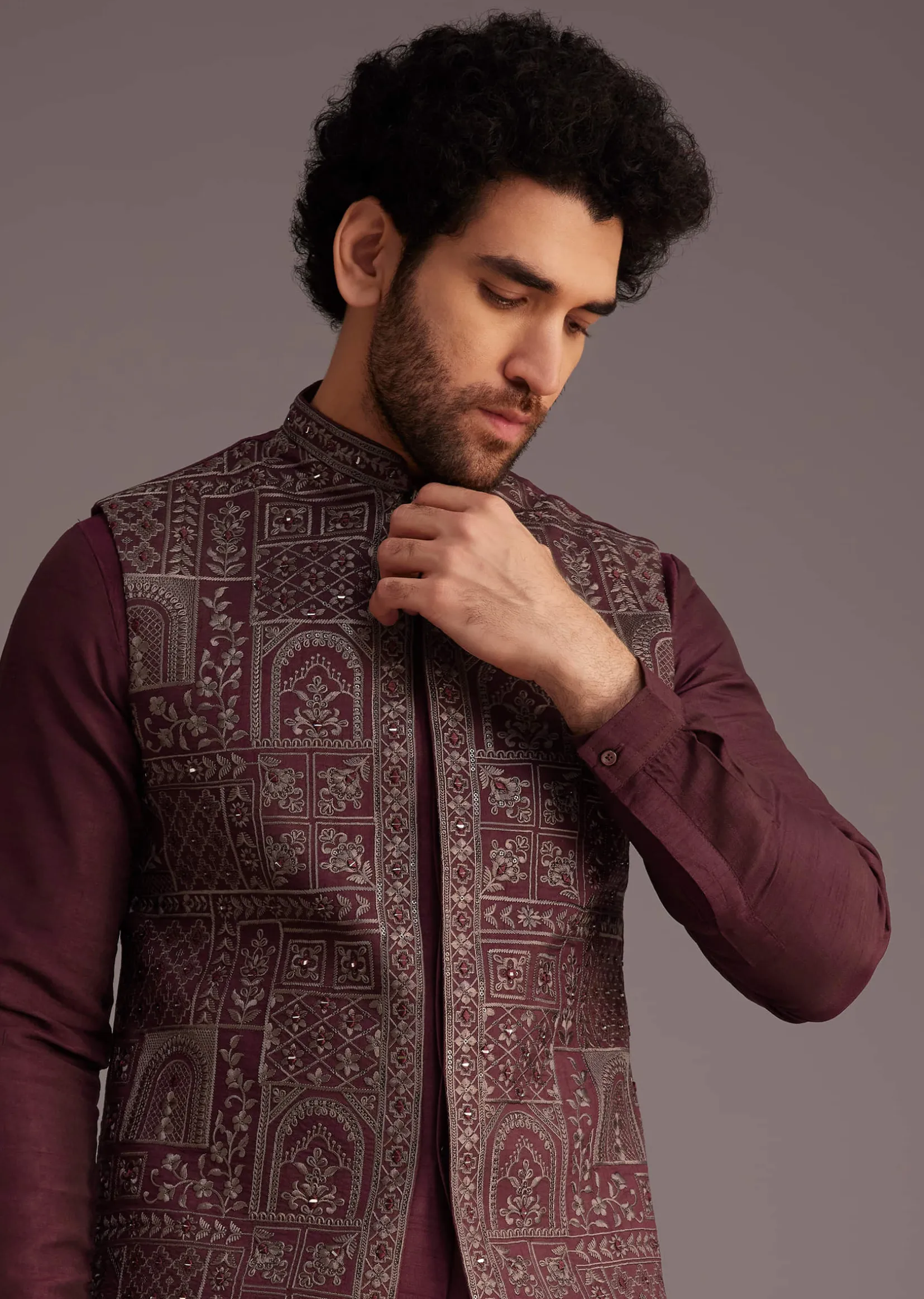 Maroon Kurta Set With Embroidered Jacket