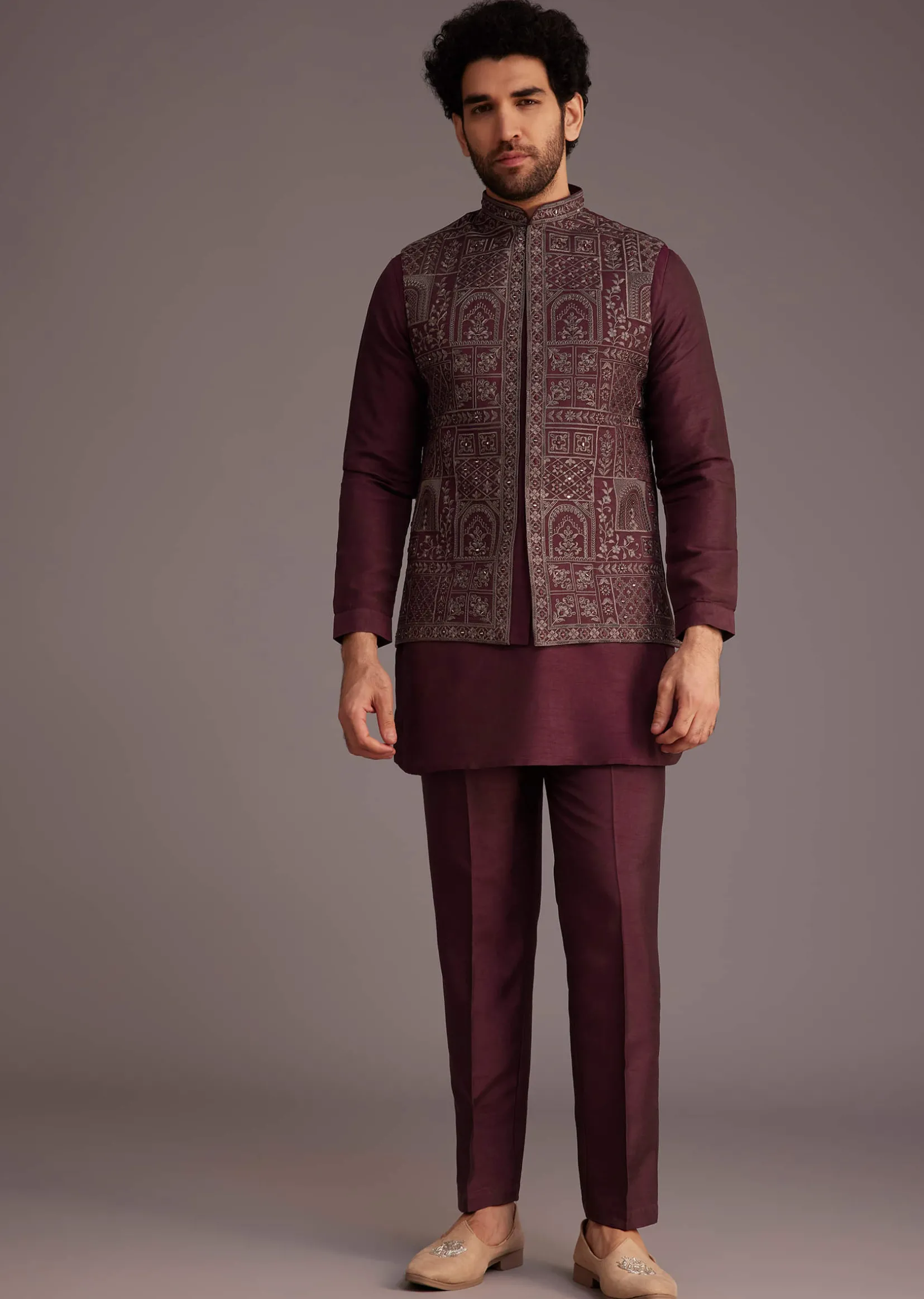Maroon Kurta Set With Embroidered Jacket