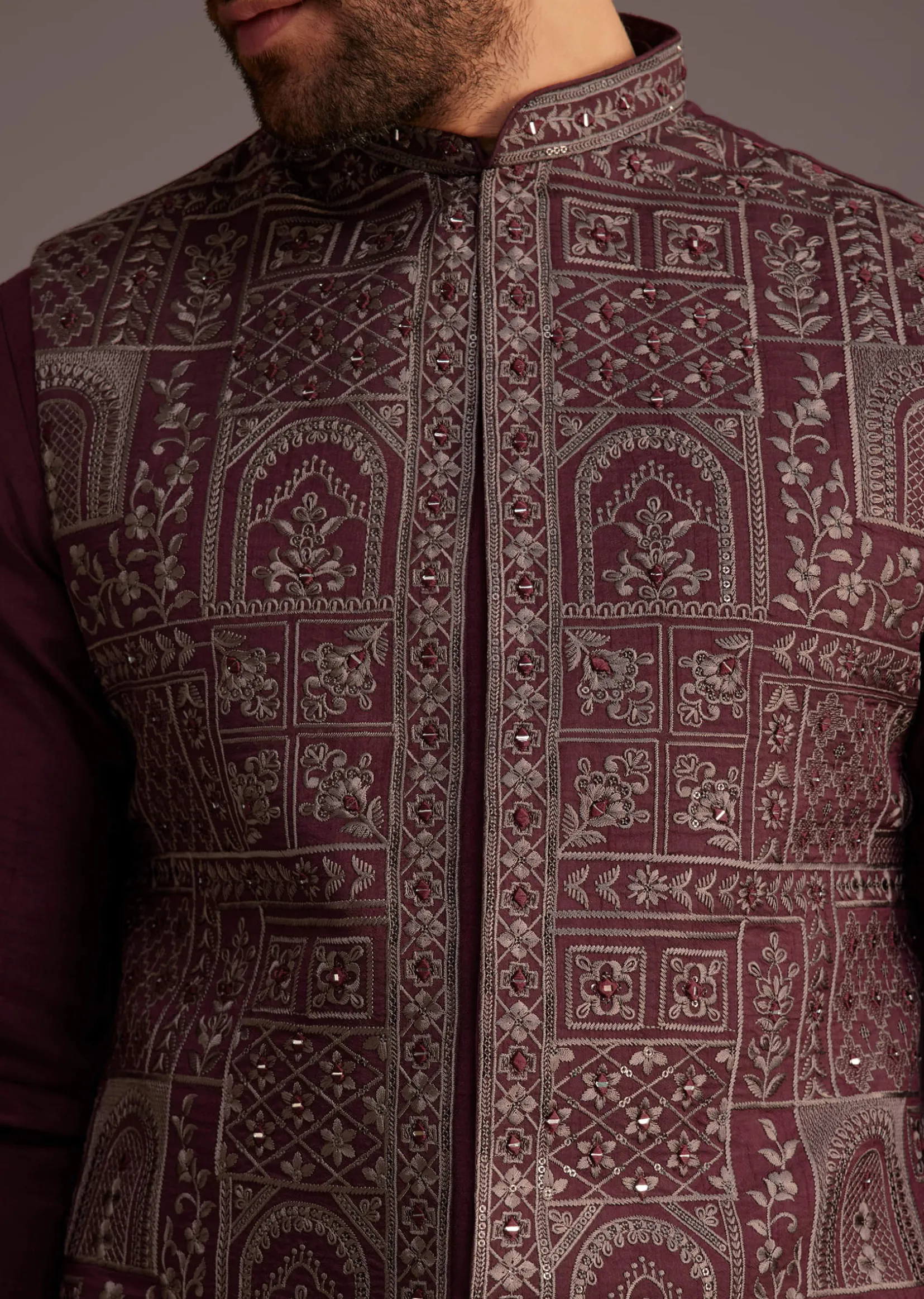 Maroon Kurta Set With Embroidered Jacket