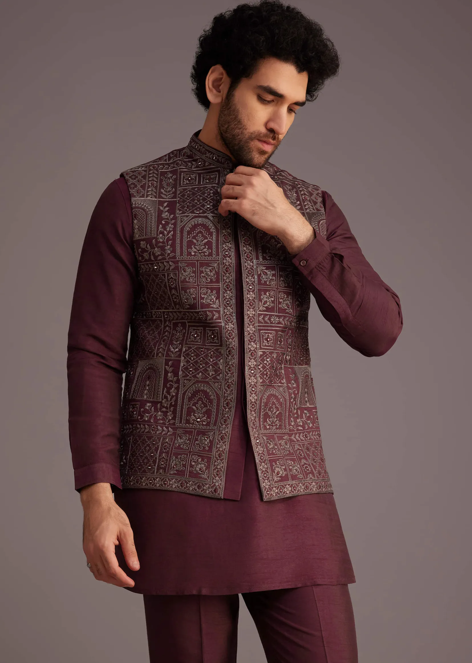 Maroon Kurta Set With Embroidered Jacket