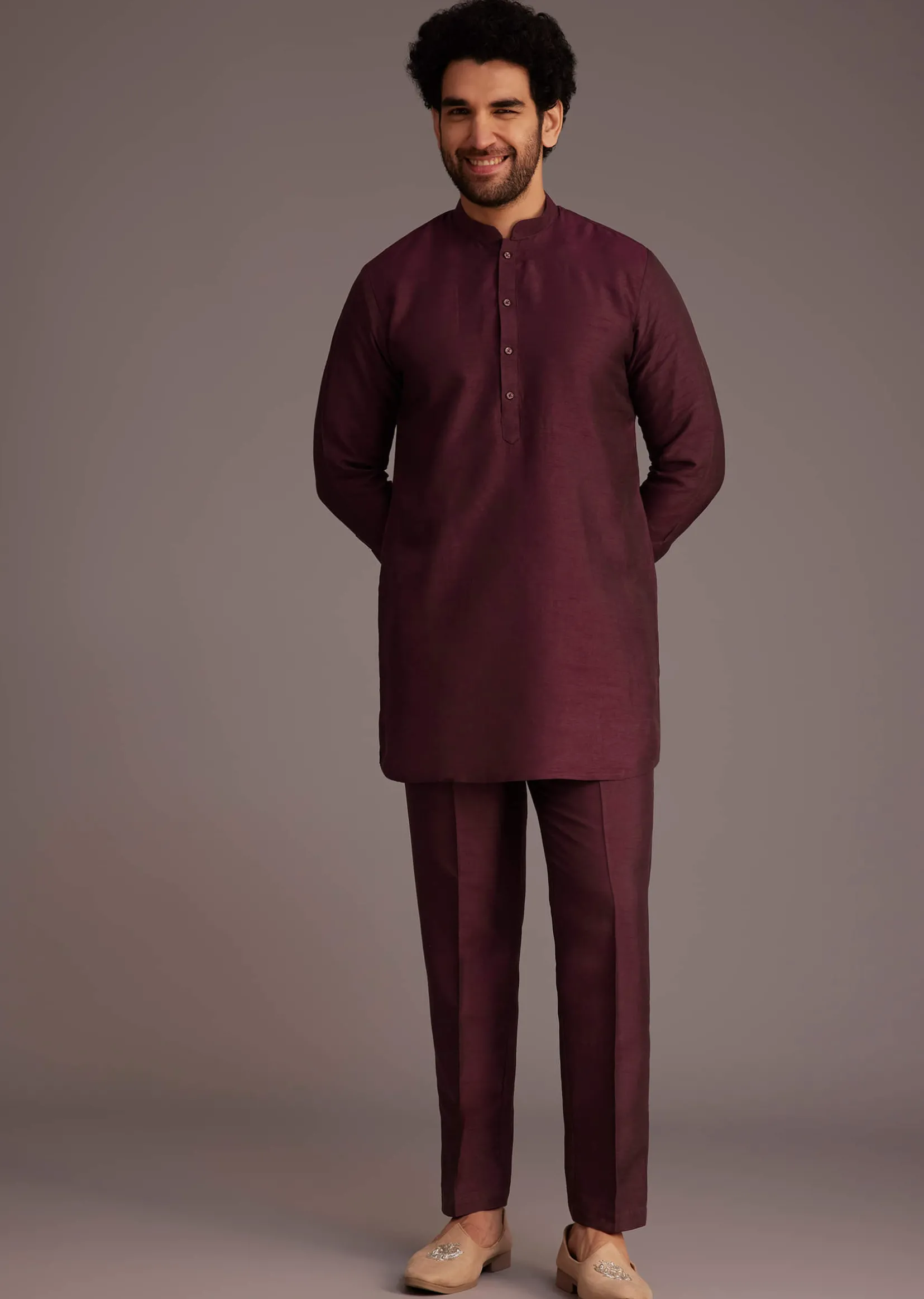 Maroon Kurta Set With Embroidered Jacket