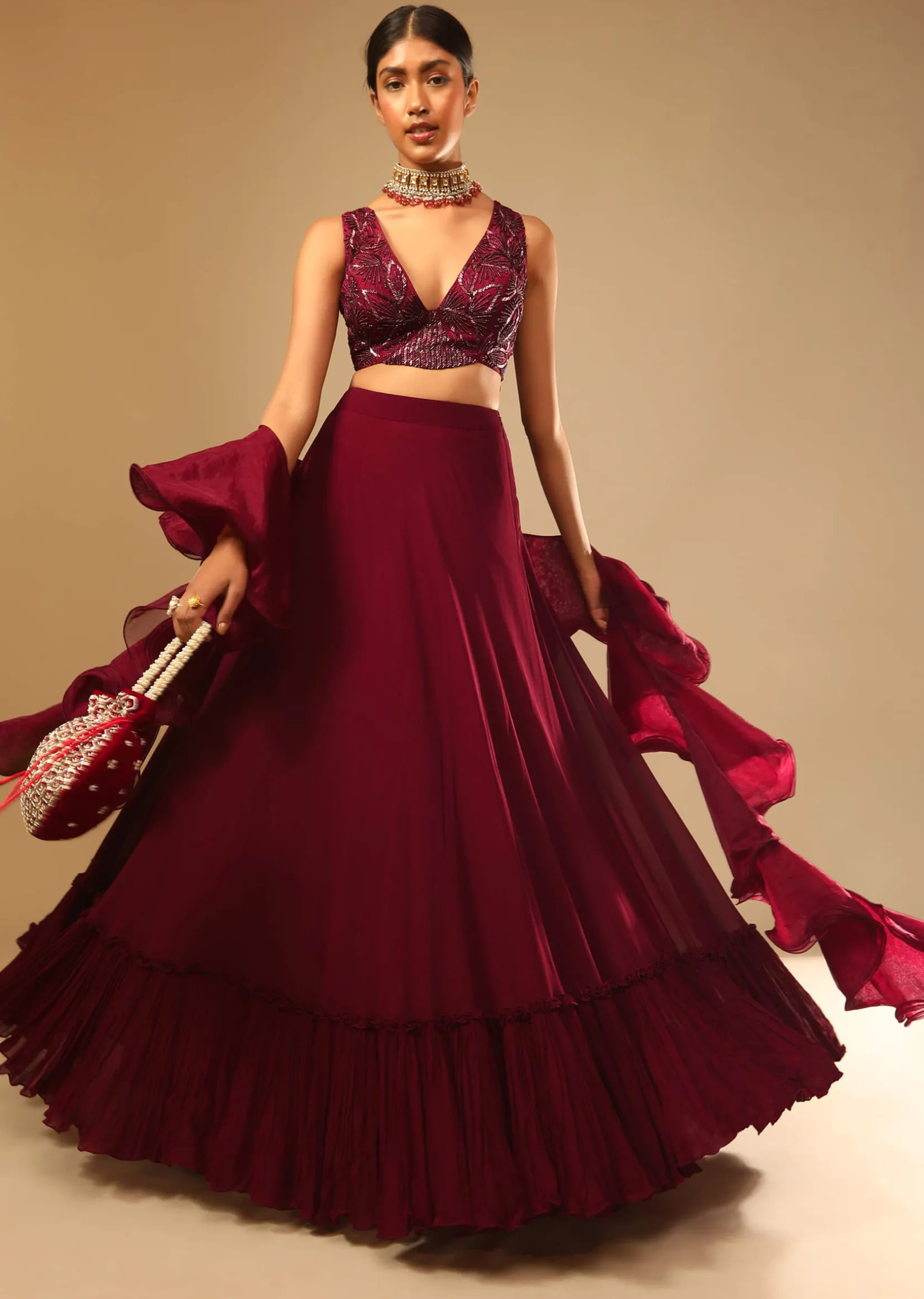 Maroon Lehenga And Crop Top With Hand Embroidered Leaf Motifs And A Ruffle Dupatta