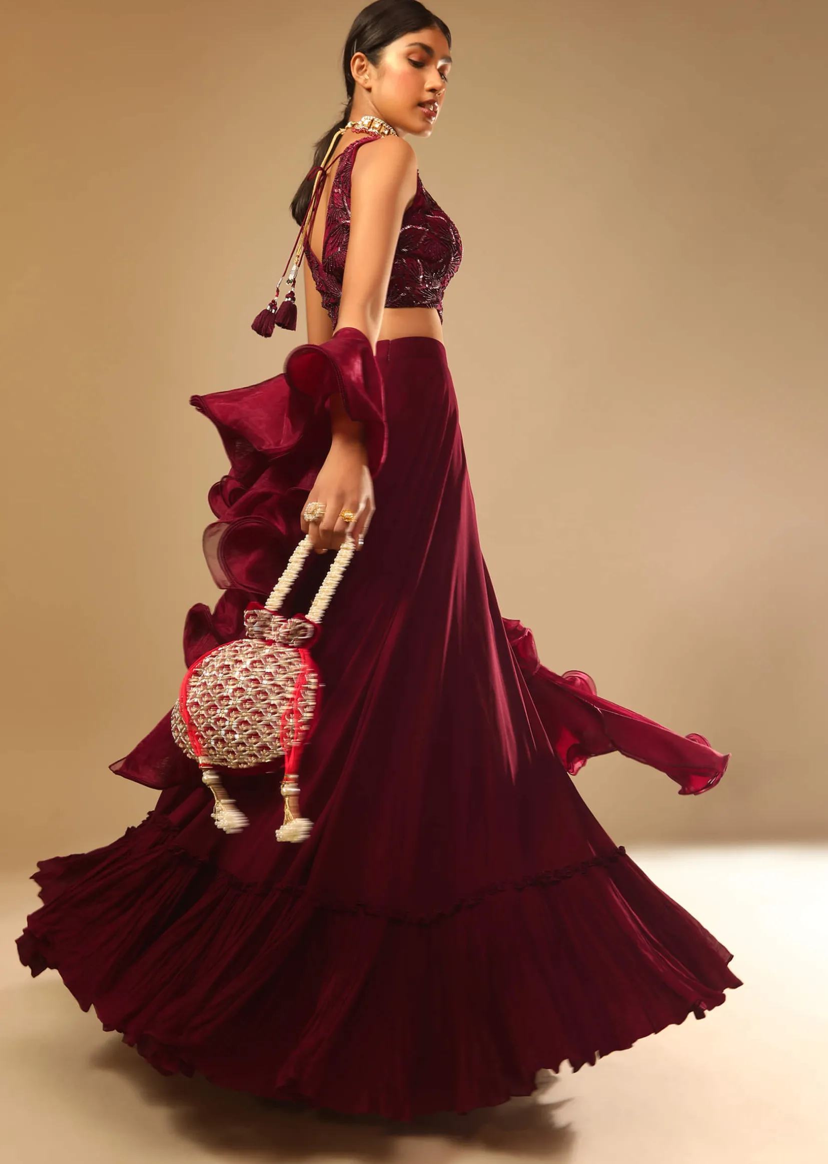 Maroon Lehenga And Crop Top With Hand Embroidered Leaf Motifs And A Ruffle Dupatta