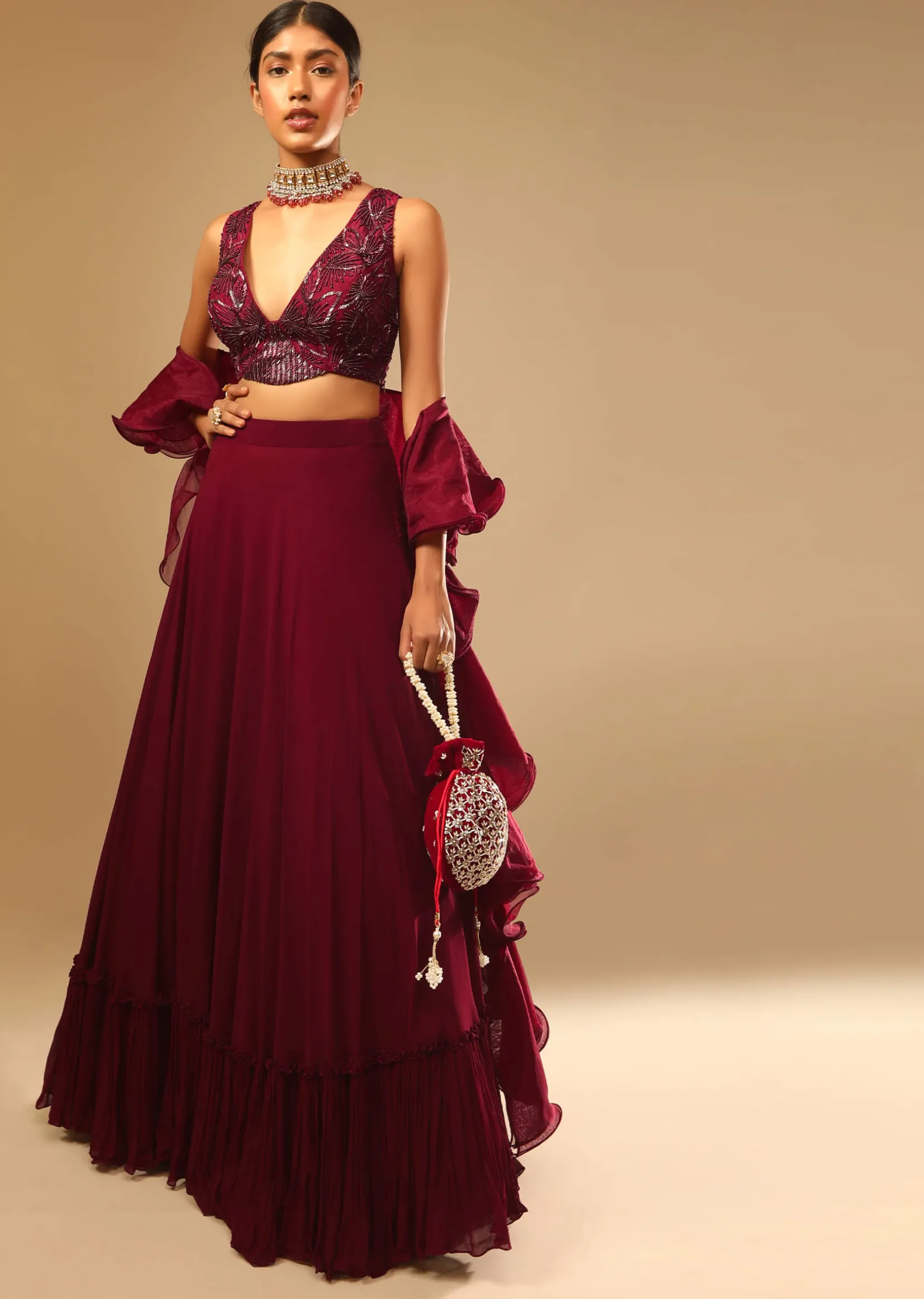 Maroon Lehenga And Crop Top With Hand Embroidered Leaf Motifs And A Ruffle Dupatta