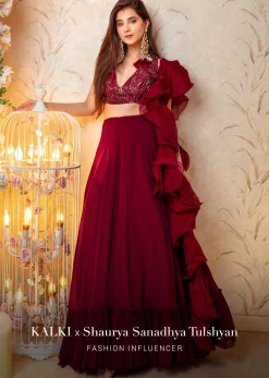 Maroon Lehenga And Crop Top With Hand Embroidered Leaf Motifs And A Ruffle Dupatta