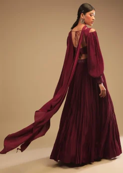 Maroon Lehenga In Crepe With Embroidery Detailing On The Waist And Bishop Sleeved Crop Top