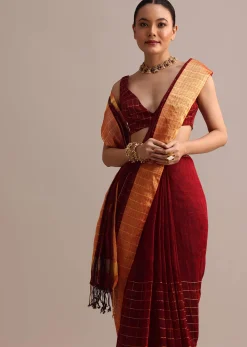 Maroon Linen Woven Saree With Zari Border And Unstitched Blouse