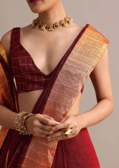 Maroon Linen Woven Saree With Zari Border And Unstitched Blouse