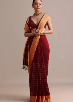 Maroon Linen Woven Saree With Zari Border And Unstitched Blouse