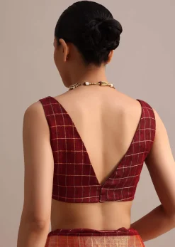 Maroon Linen Woven Saree With Zari Border And Unstitched Blouse