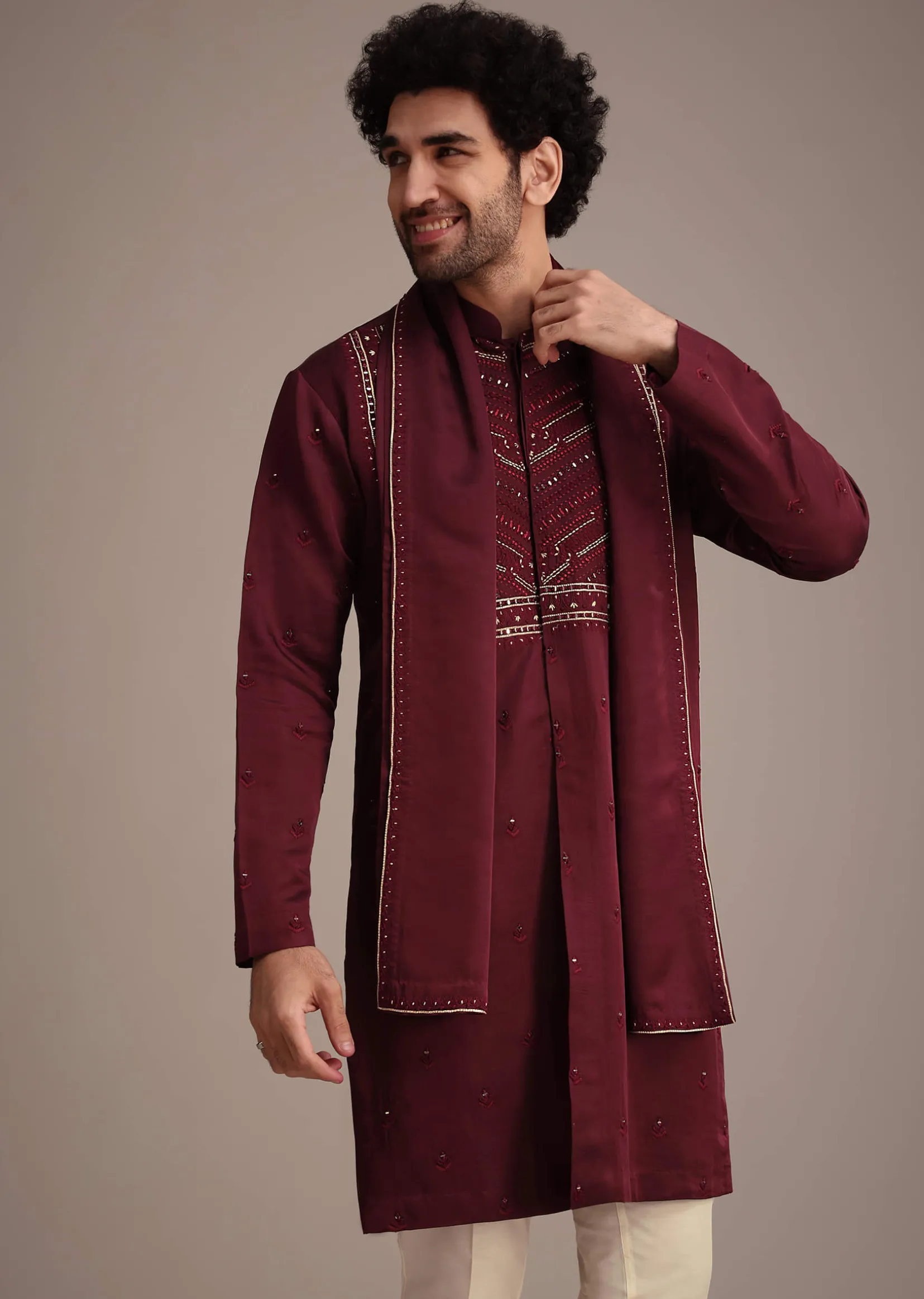 Maroon Mirror Embroidered Kurta Set With Dupatta
