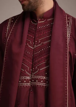Maroon Mirror Embroidered Kurta Set With Dupatta