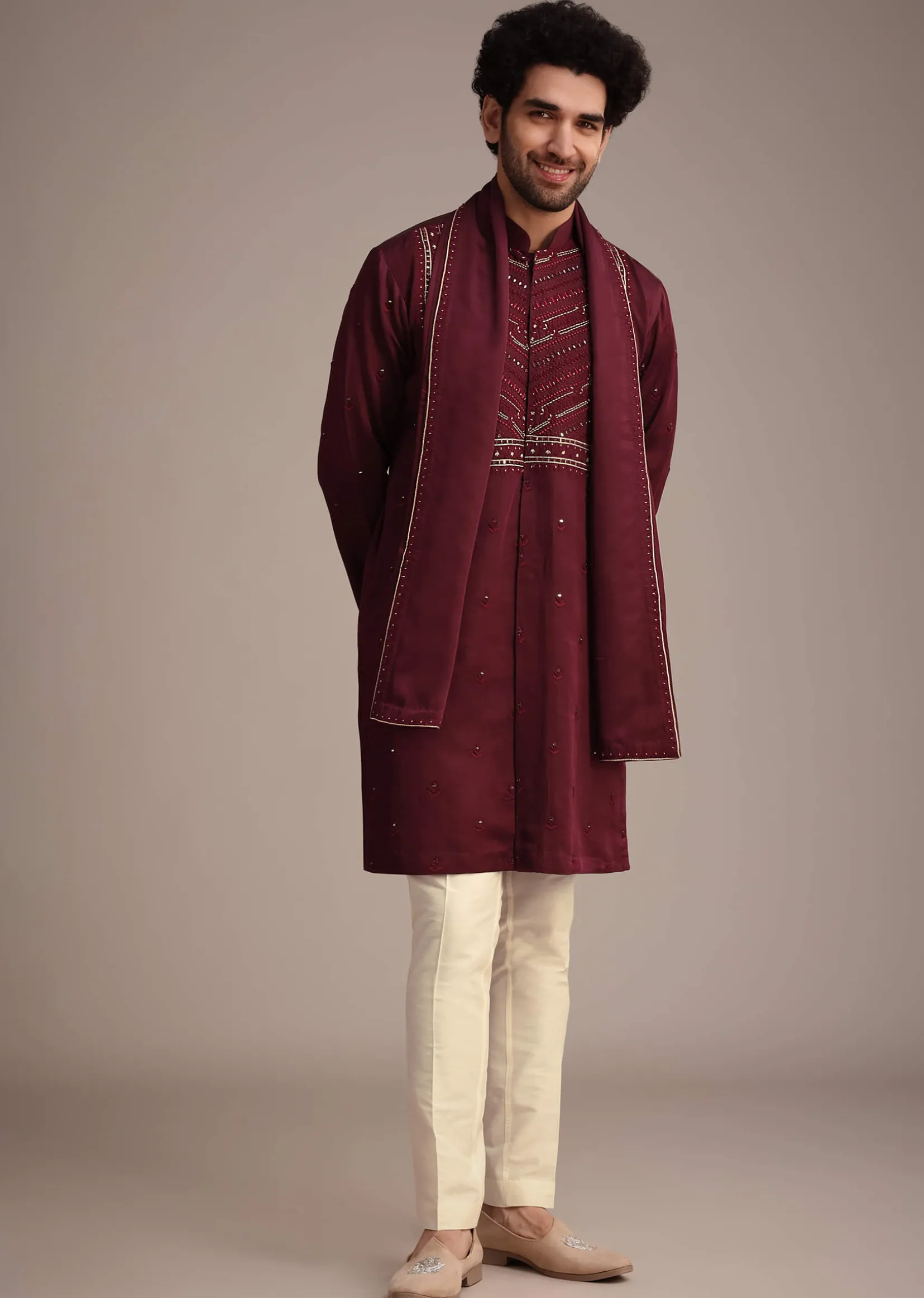 Maroon Mirror Embroidered Kurta Set With Dupatta