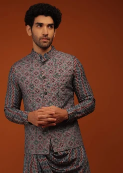 Maroon Nehru Jacket And Kurta Set In Ajrak And Chevron Print, Matching Print Kurta In Full Sleeves