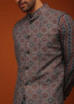 Maroon Nehru Jacket And Kurta Set In Ajrak And Chevron Print, Matching Print Kurta In Full Sleeves