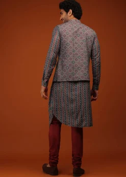 Maroon Nehru Jacket And Kurta Set In Ajrak And Chevron Print, Matching Print Kurta In Full Sleeves