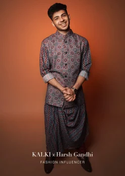Maroon Nehru Jacket And Kurta Set In Ajrak And Chevron Print, Matching Print Kurta In Full Sleeves