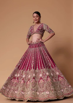 Maroon Raw Silk 16 Kali Zardozi Lehenga Set With Two Dupattas