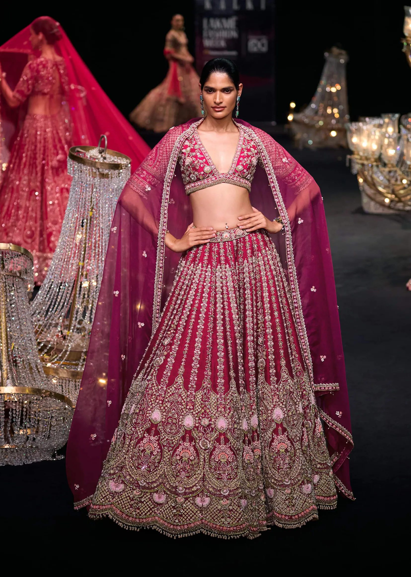 Maroon Raw Silk 16 Kali Zardozi Lehenga Set With Two Dupattas