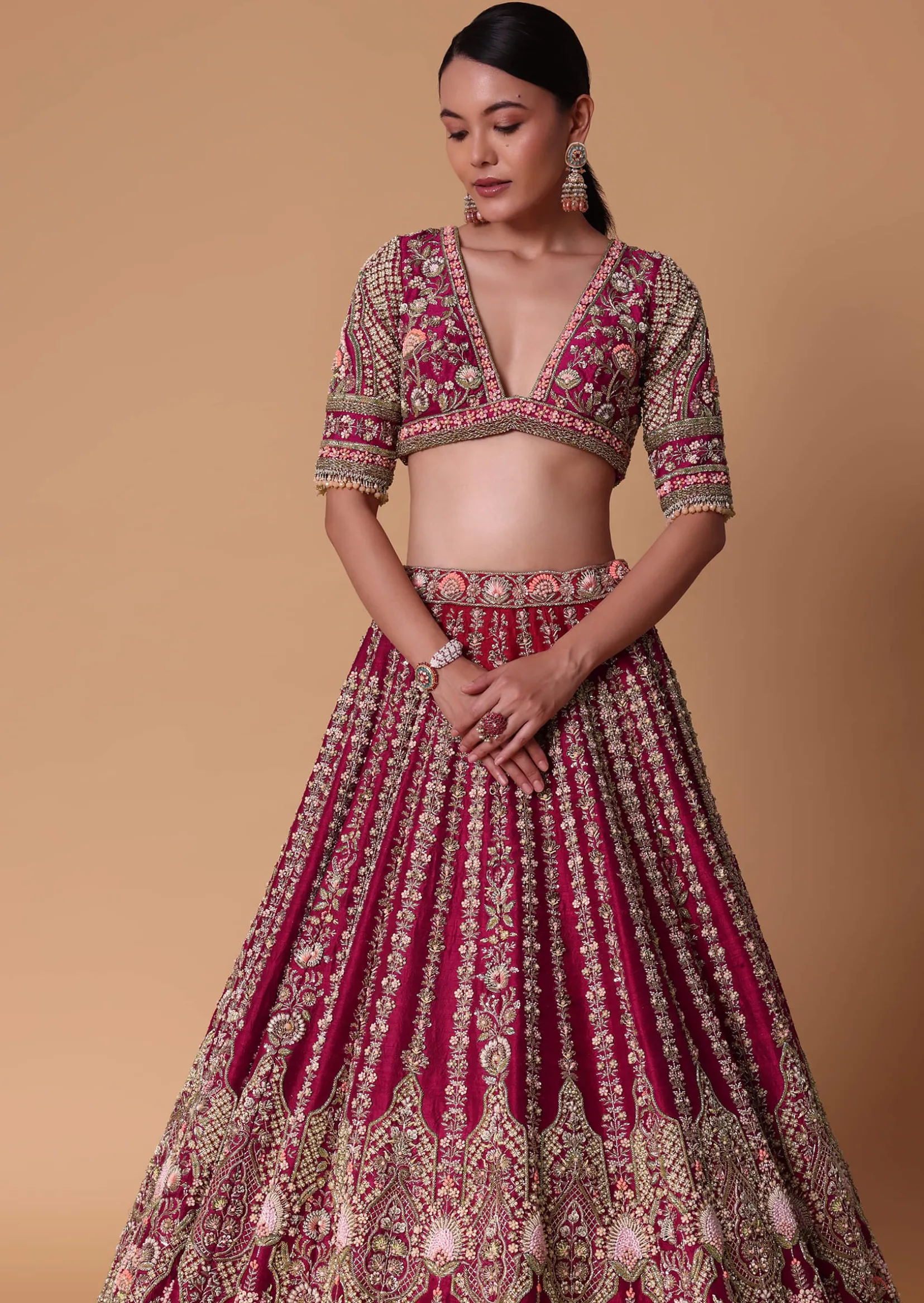 Maroon Raw Silk 16 Kali Zardozi Lehenga Set With Two Dupattas