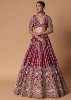 Maroon Raw Silk 16 Kali Zardozi Lehenga Set With Two Dupattas