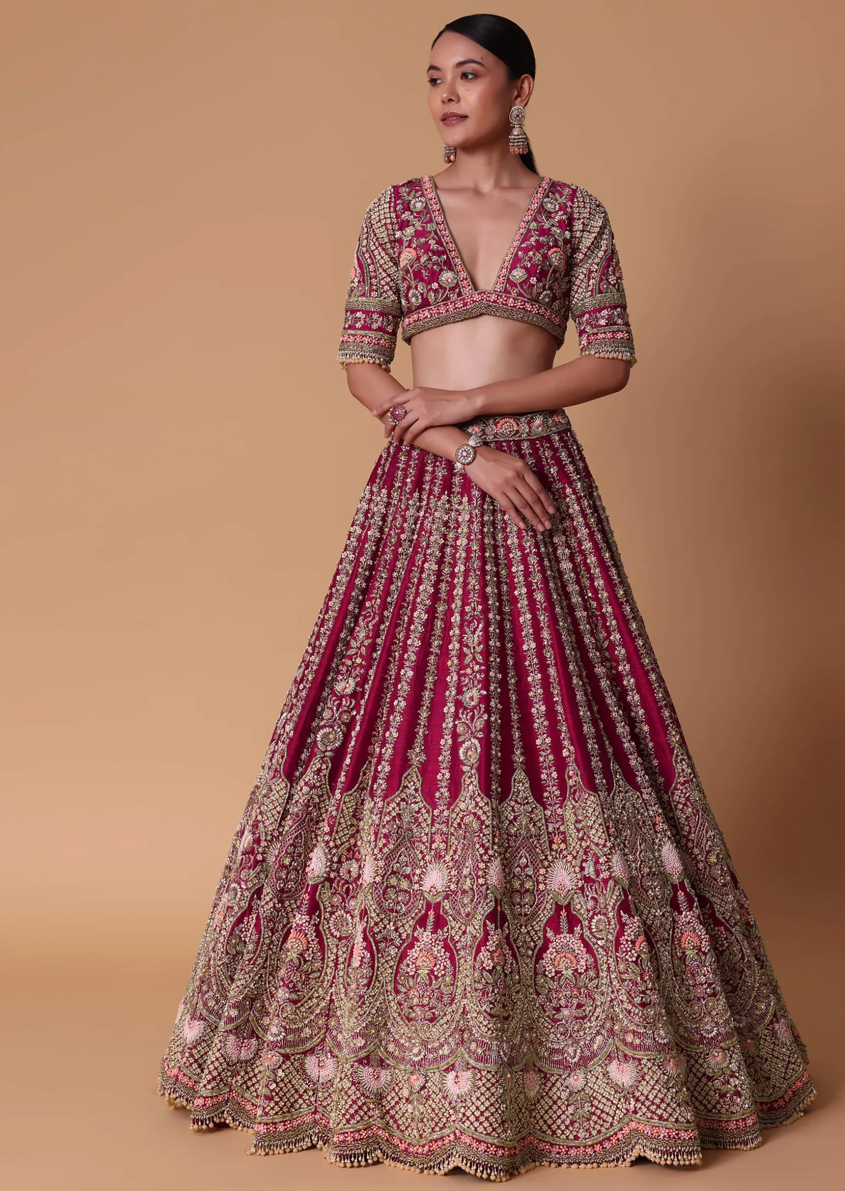 Maroon Raw Silk 16 Kali Zardozi Lehenga Set With Two Dupattas
