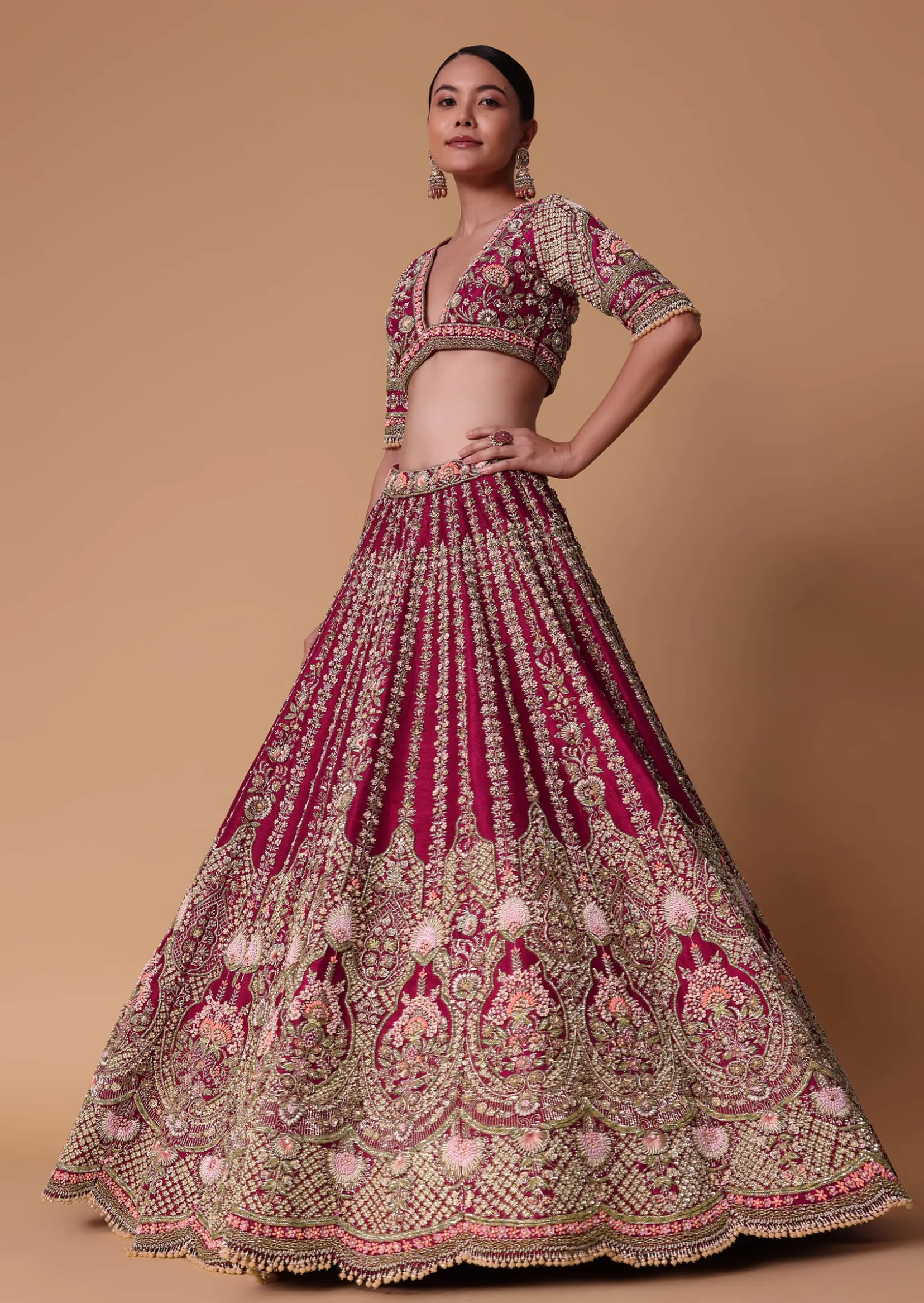 Maroon Raw Silk 16 Kali Zardozi Lehenga Set With Two Dupattas