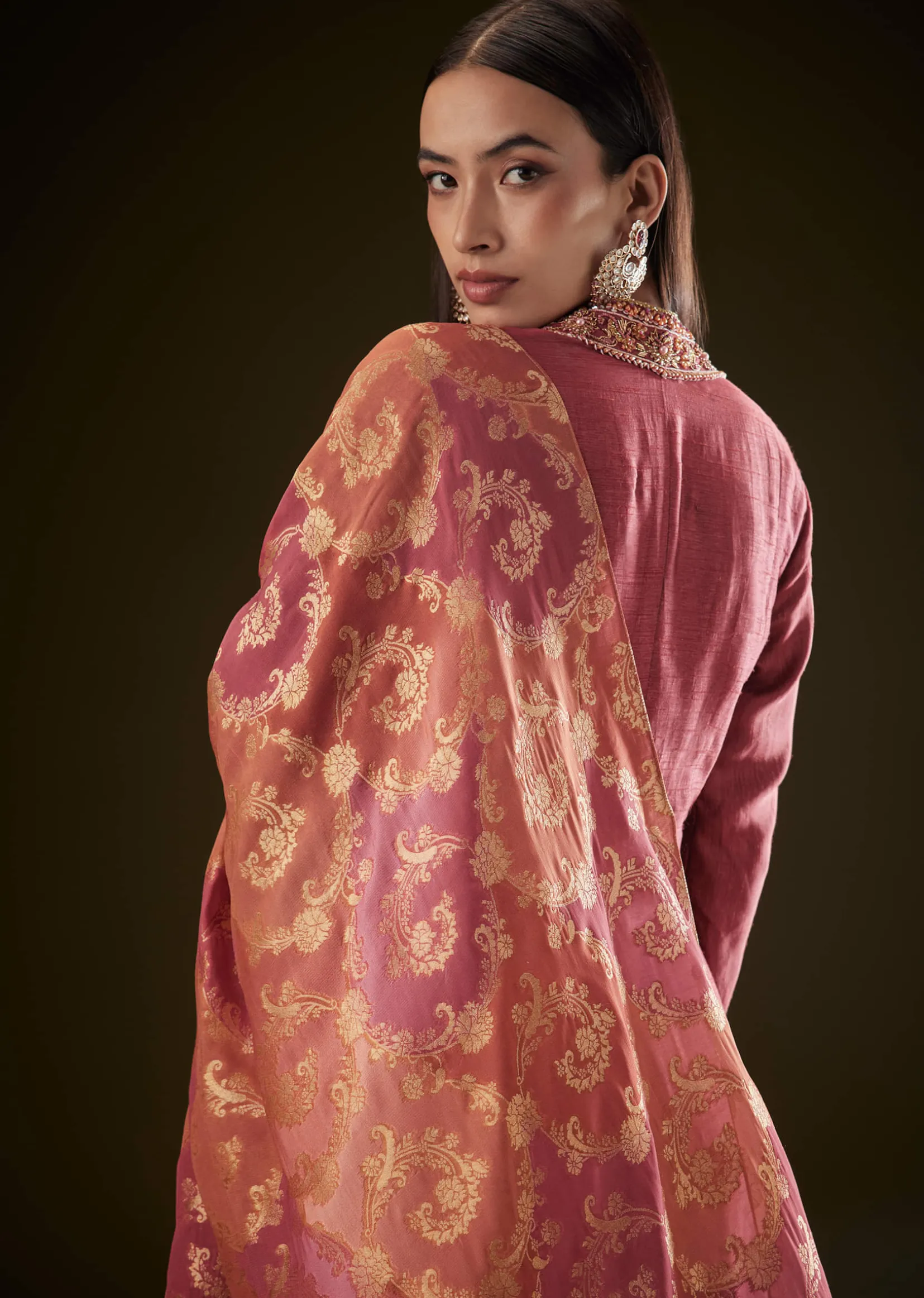 Maroon Raw Silk Embroidered Anarkali With Printed Dupatta