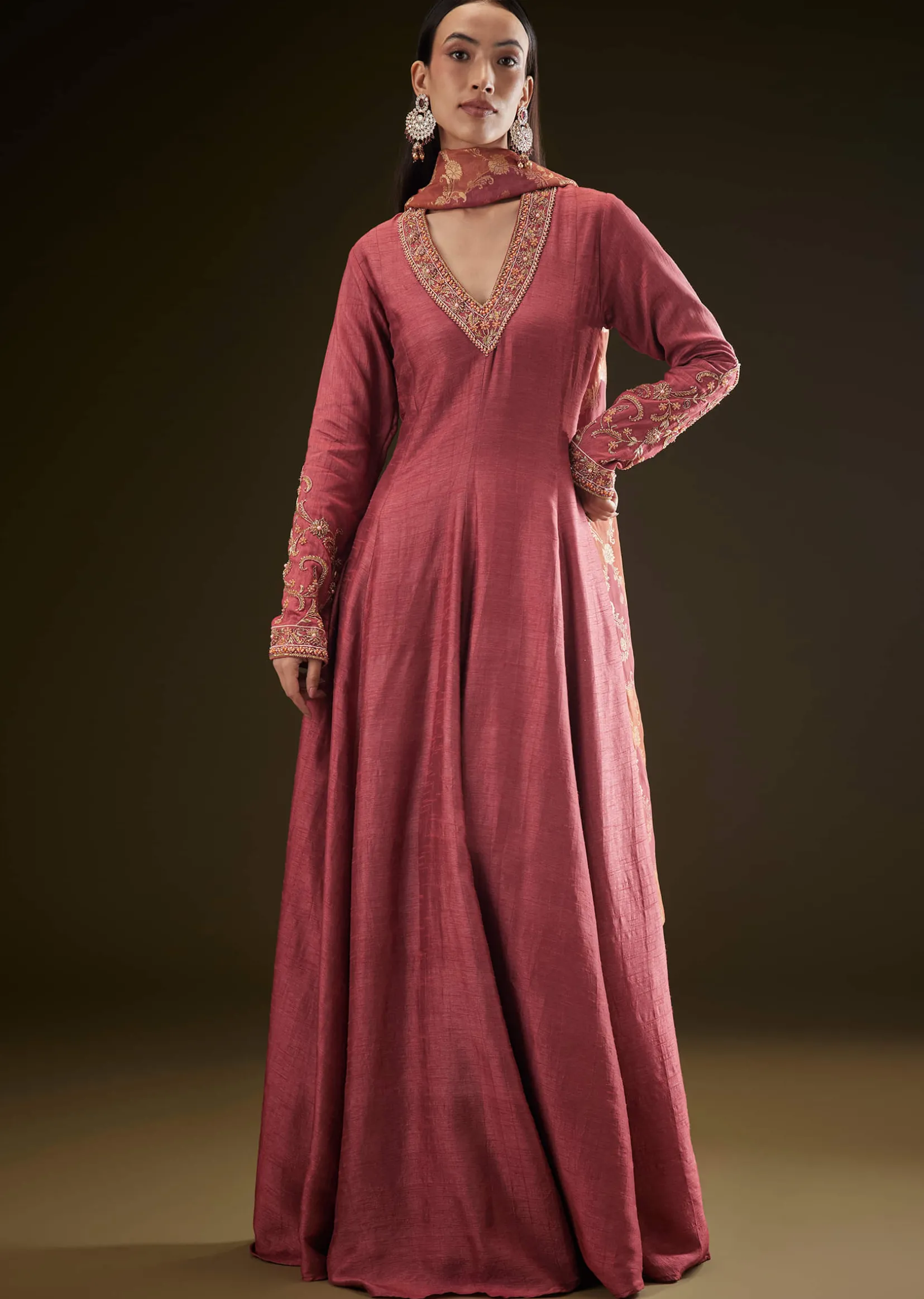 Maroon Raw Silk Embroidered Anarkali With Printed Dupatta