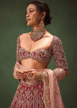 Maroon Raw Silk Hand Embroidered Bridal Lehenga With Two Dupattas