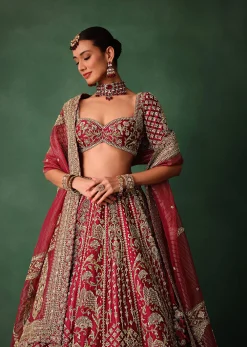 Maroon Raw Silk Hand Embroidered Lehenga Set With Tissue Dupatta