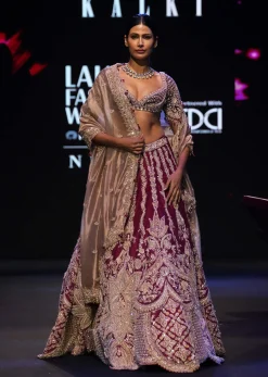 Maroon Raw Silk Lotus Embroidered Kali Lehenga Dupatta Set
