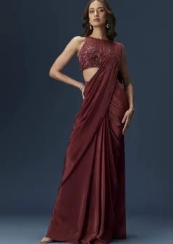 Maroon Ready Pleated Saree With High Neck Blouse