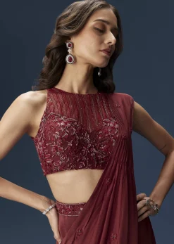Maroon Ready Pleated Saree With High Neck Blouse